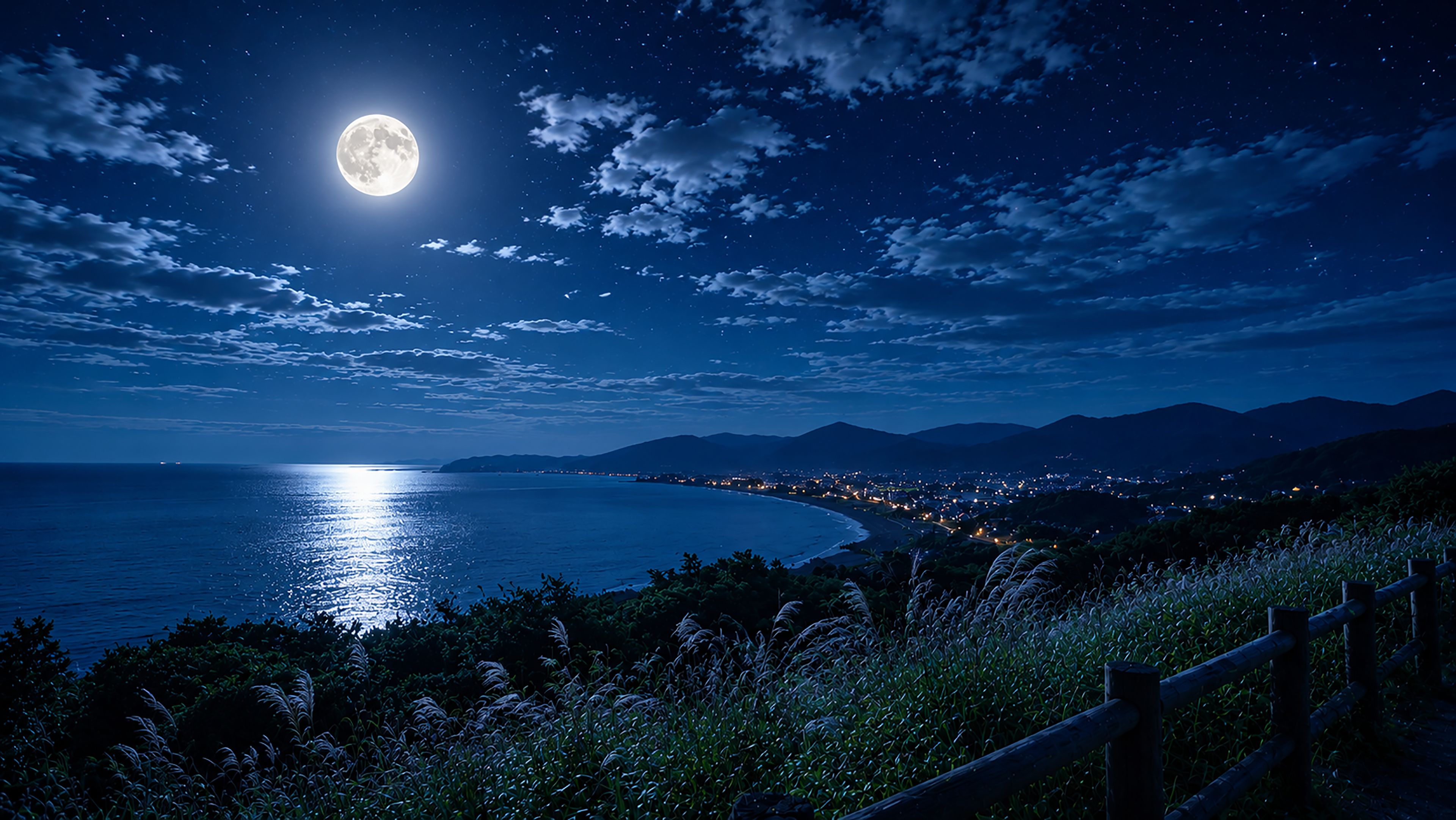 月夜の背景素材【無料PNG】幻想的な夜景風景イラスト フリー92314に写真・文字を入れる