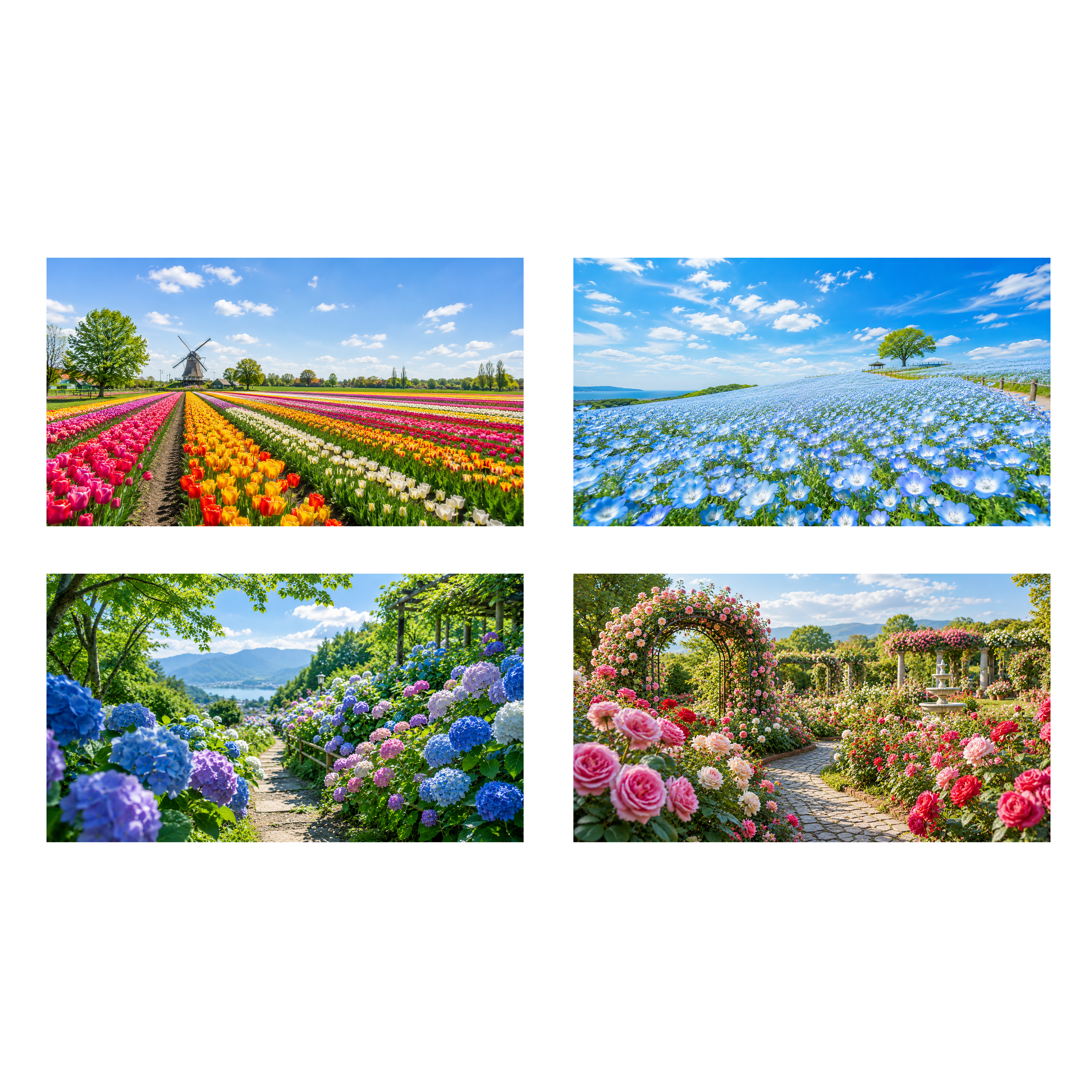 花の背景素材セット【無料PNG】チューリップ・ネモフィラ・紫陽花・ローズガーデンフリー92337に写真・文字を入れる