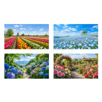 花の背景素材セット【無料PNG】チューリップ・ネモフィラ・紫陽花・ローズガーデンフリー92337