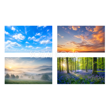 空と癒やしの背景素材セット【無料PNG】青空・夕暮れ・朝霧・ブルーベルの森フリー92338