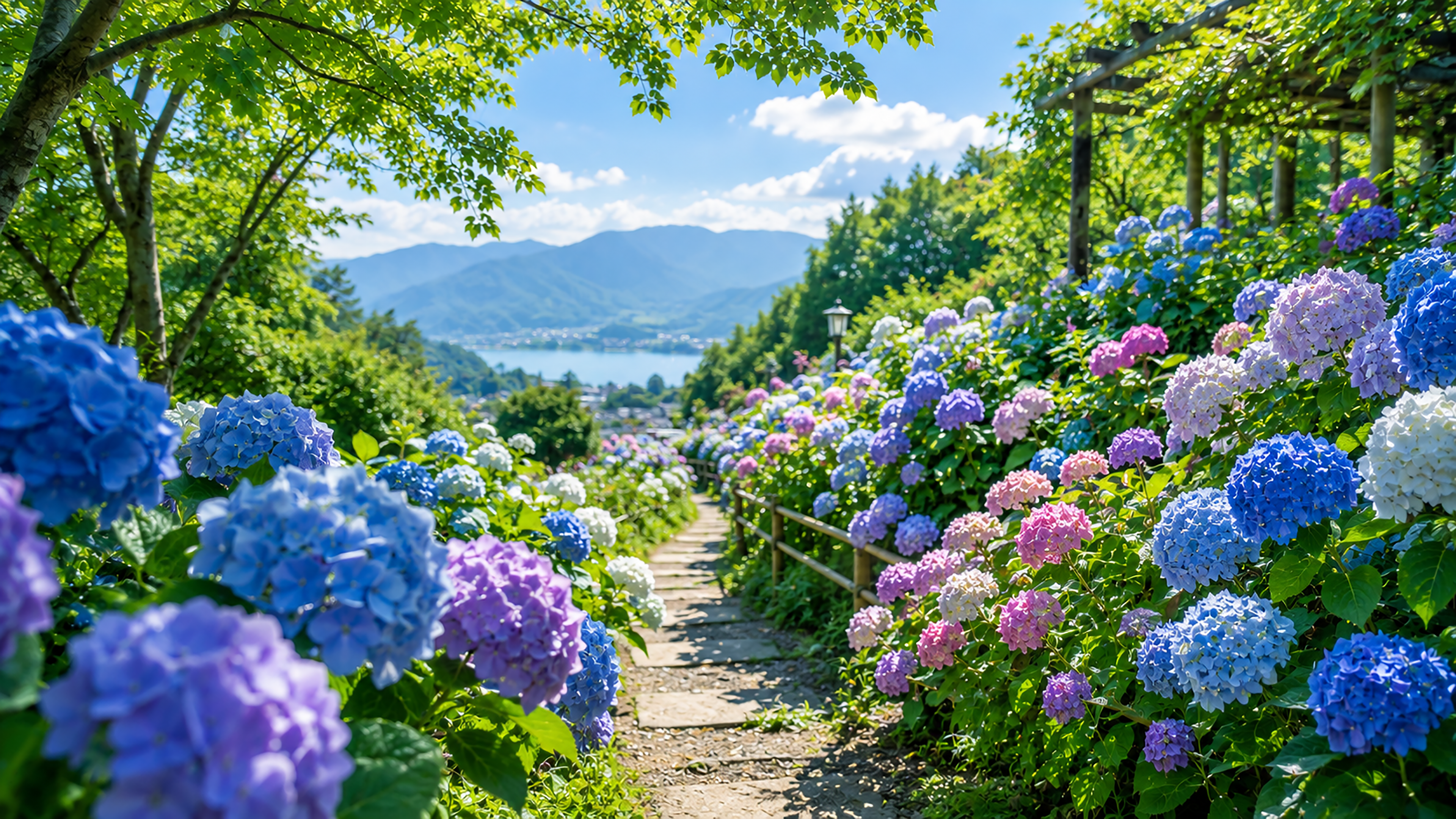 紫陽花の背景素材【無料PNG】色鮮やかな花風景イラストフリー92345に写真・文字を入れる