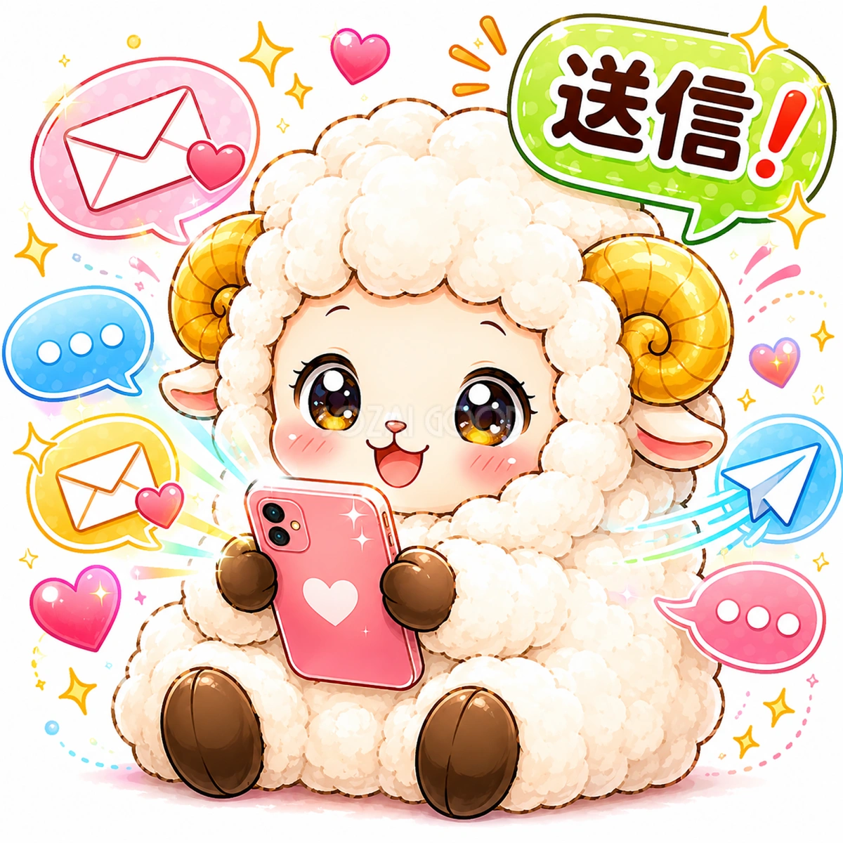 スマホで連絡する羊のイラスト【無料PNG素材】フリー92352