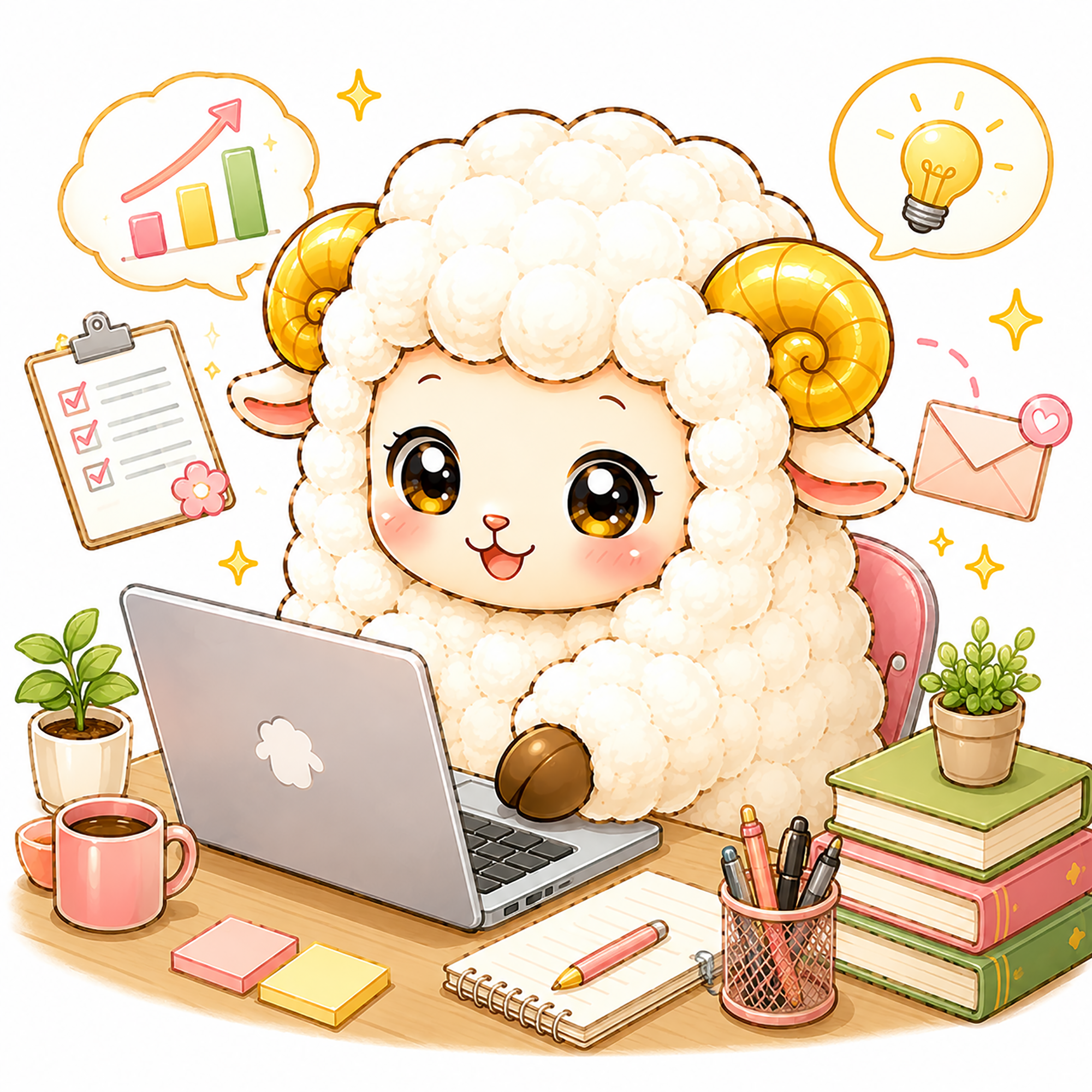 パソコンで作業する羊のイラスト【無料PNG素材】フリー92354に写真・文字を入れる