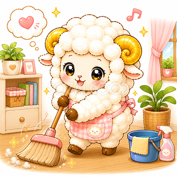 掃除する羊のイラスト【無料PNG素材】フリー92359