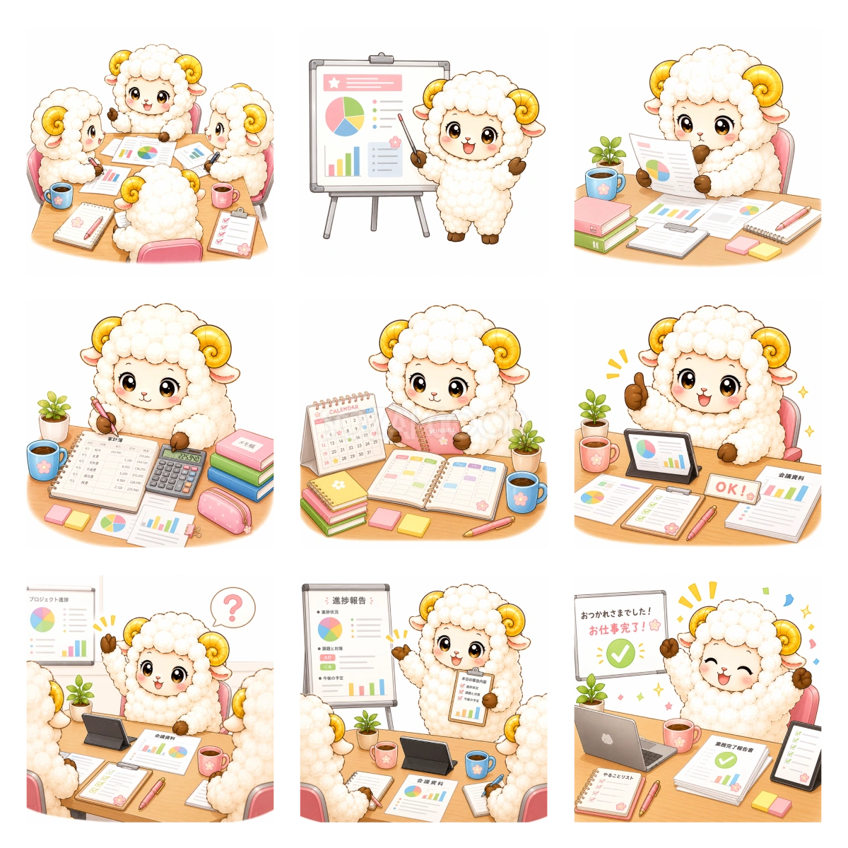 仕事・ビジネスを頑張る羊のイラストセット【無料イラスト】フリー92361