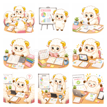 仕事・ビジネスを頑張る羊のイラストセット【無料イラスト】フリー92361