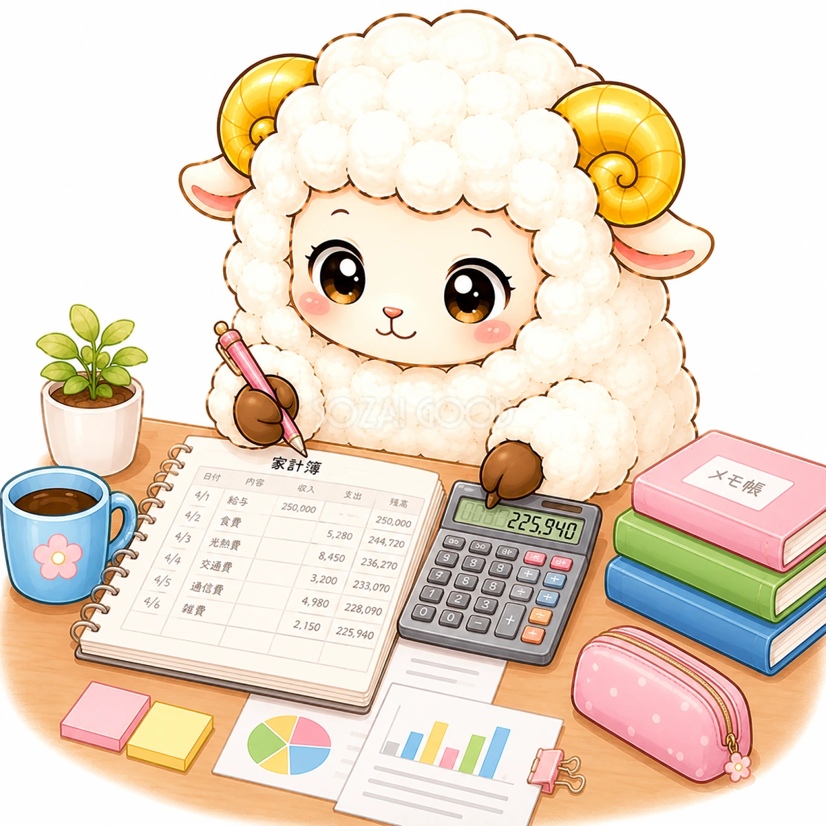 電卓を使う羊のイラスト【無料イラスト】フリー92365