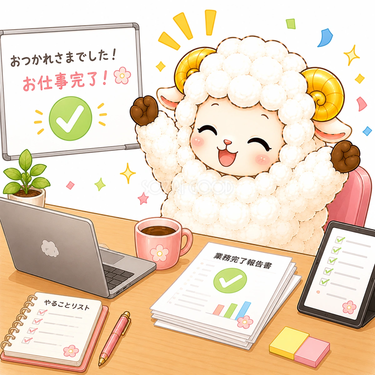 仕事完了の羊のイラスト【無料イラスト】フリー92370