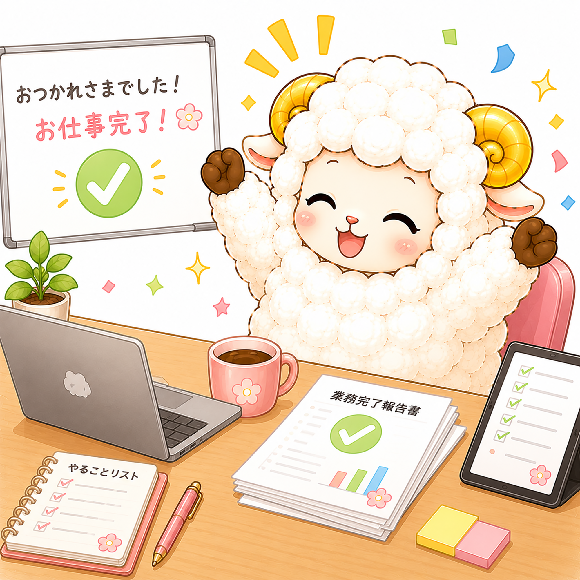 仕事完了の羊のイラスト【無料イラスト】フリー92370に写真・文字を入れる