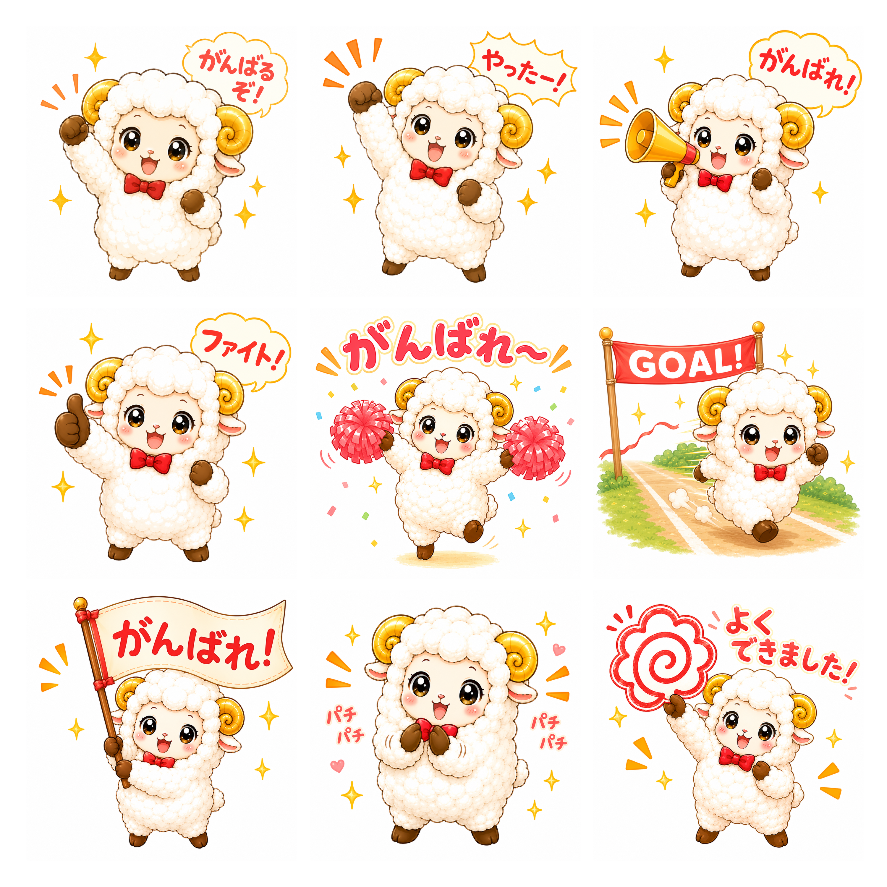 応援する羊のイラストセット【無料PNG素材】頑張る・応援・成功を表現するかわいい羊フリー92394に写真・文字を入れる