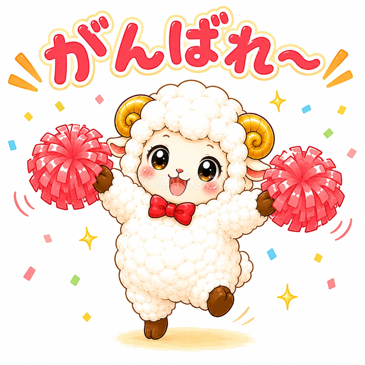 ポンポンで応援するかわいい羊のイラスト【無料PNG素材】フリー92399