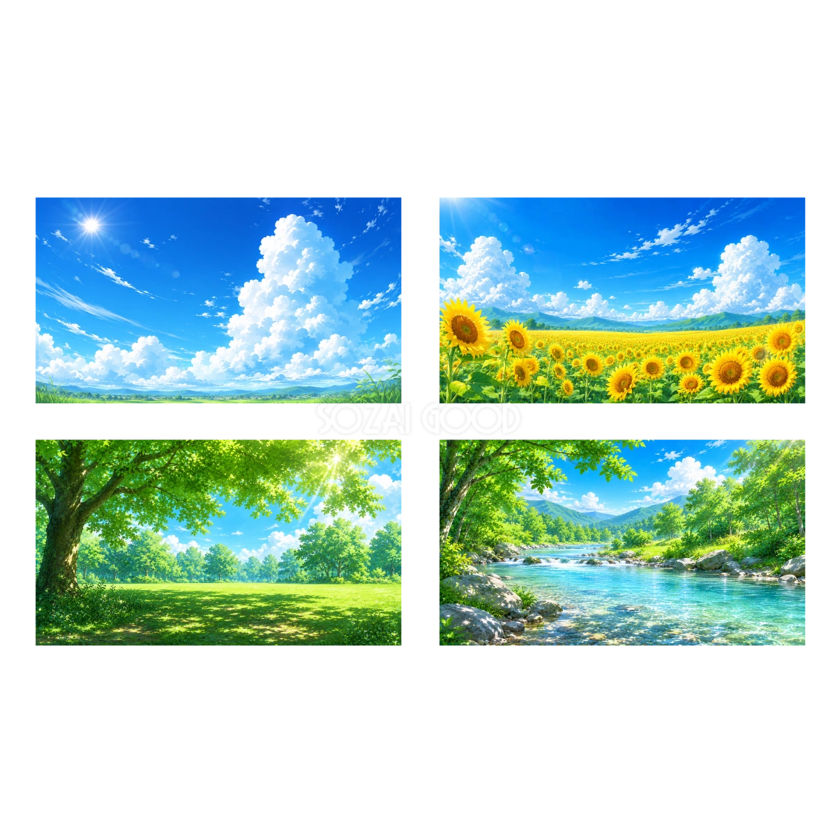 夏の自然背景イラスト4点セット【無料】フリー素材92404