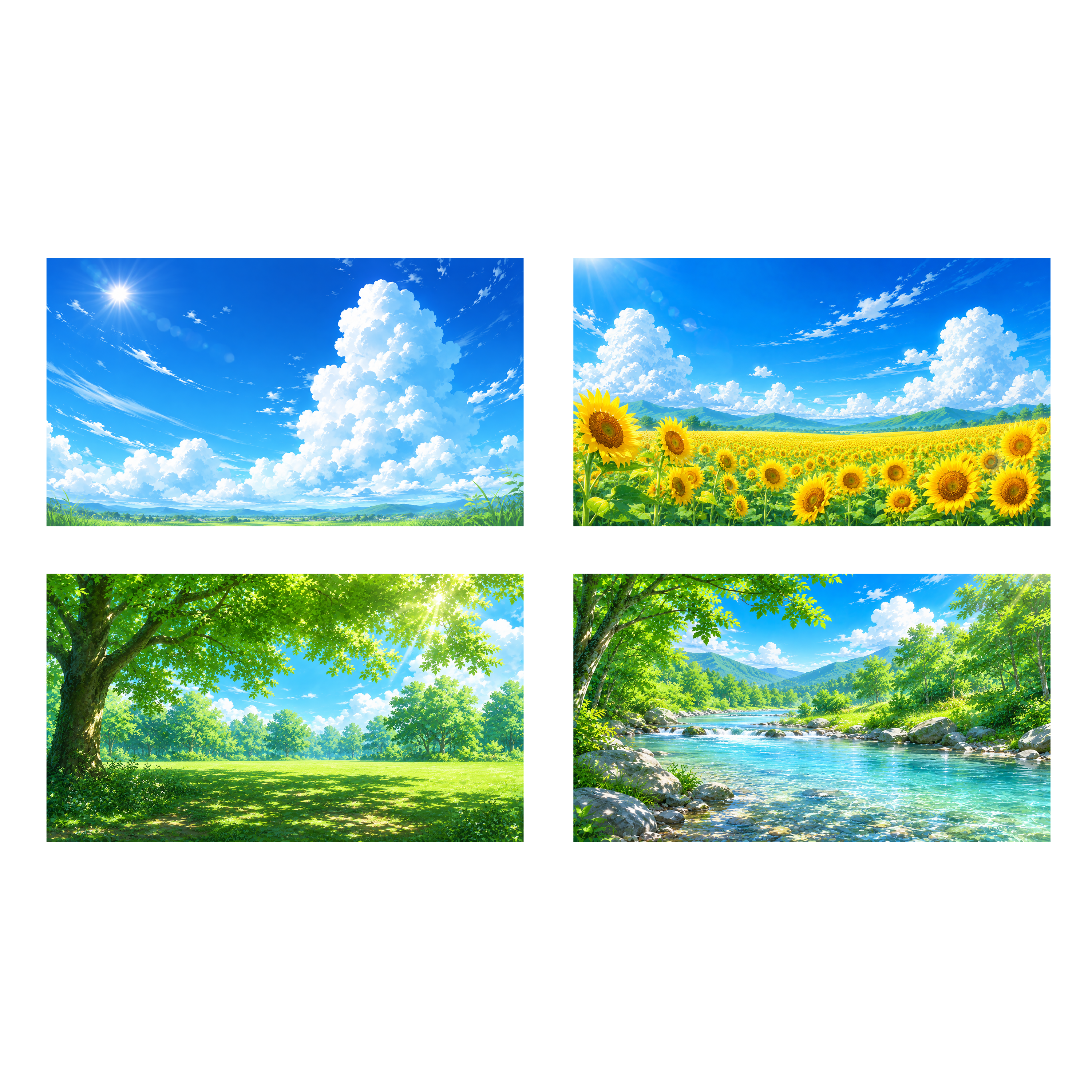 夏の自然背景イラスト4点セット【無料】フリー素材92404に写真・文字を入れる