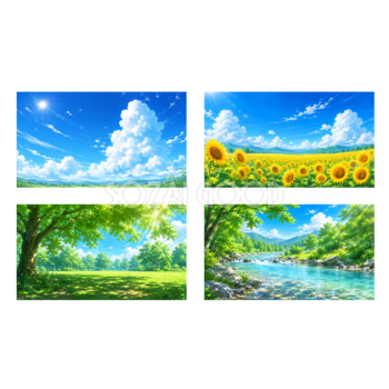 夏の自然背景イラスト4点セット【無料】フリー素材92404
