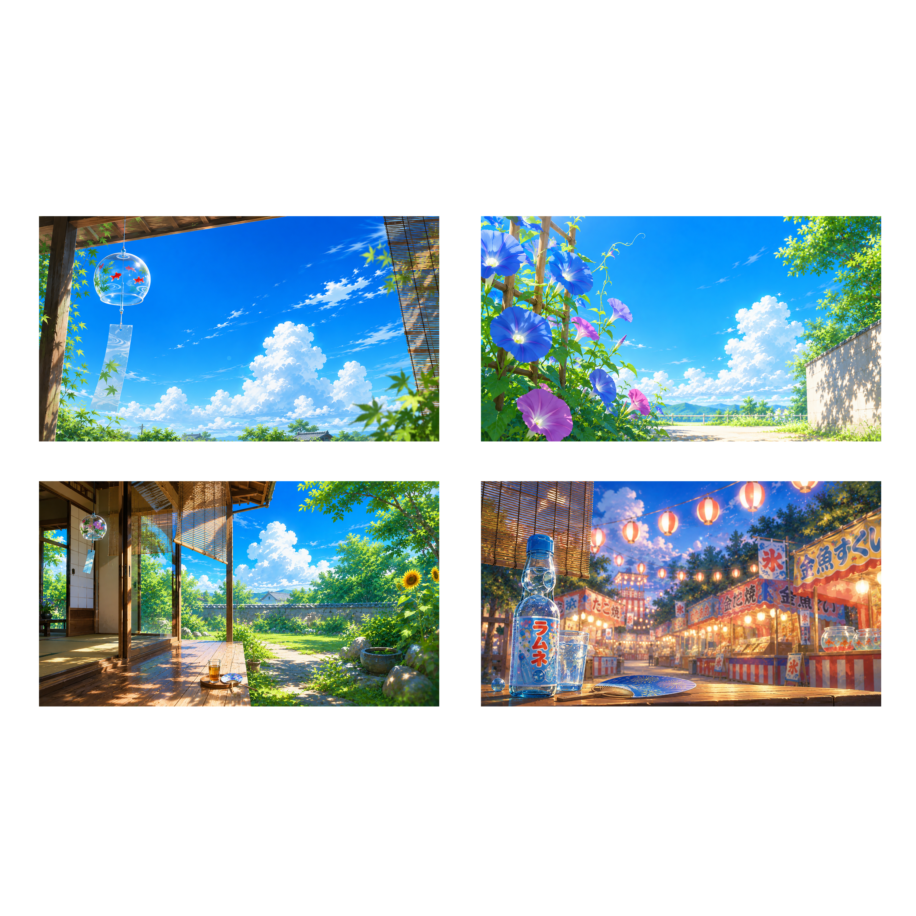 夏の風物詩背景イラスト4点セット【無料】フリー素材92405に写真・文字を入れる