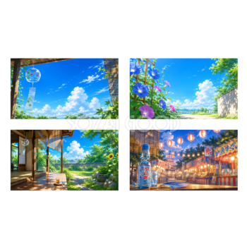 夏の風物詩背景イラスト4点セット【無料】フリー素材92405