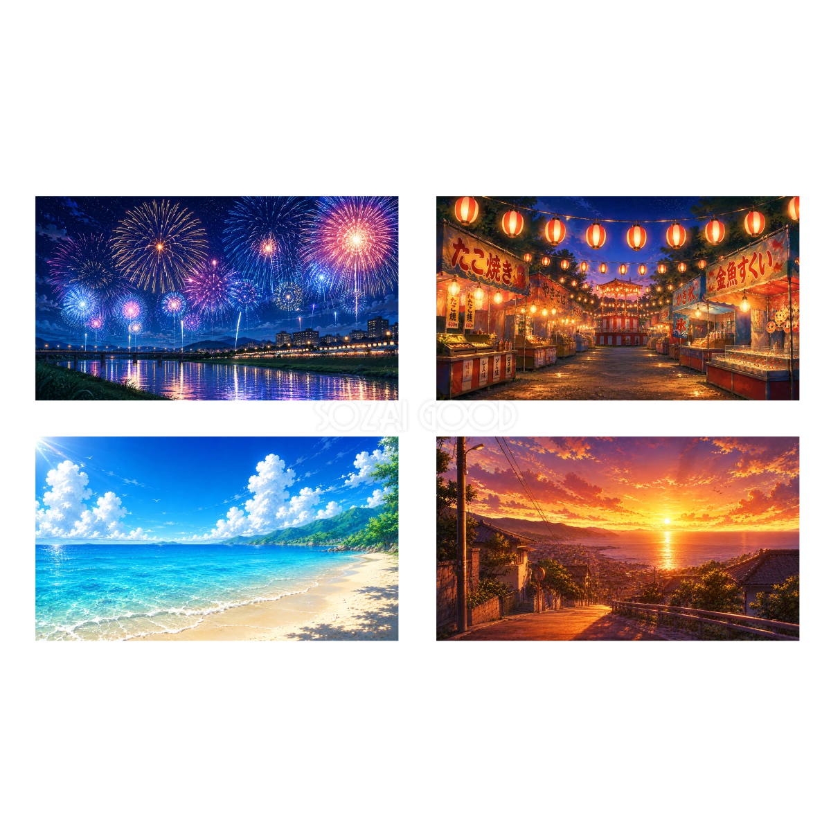 夏のイベント背景イラスト4点セット【無料】フリー素材92406