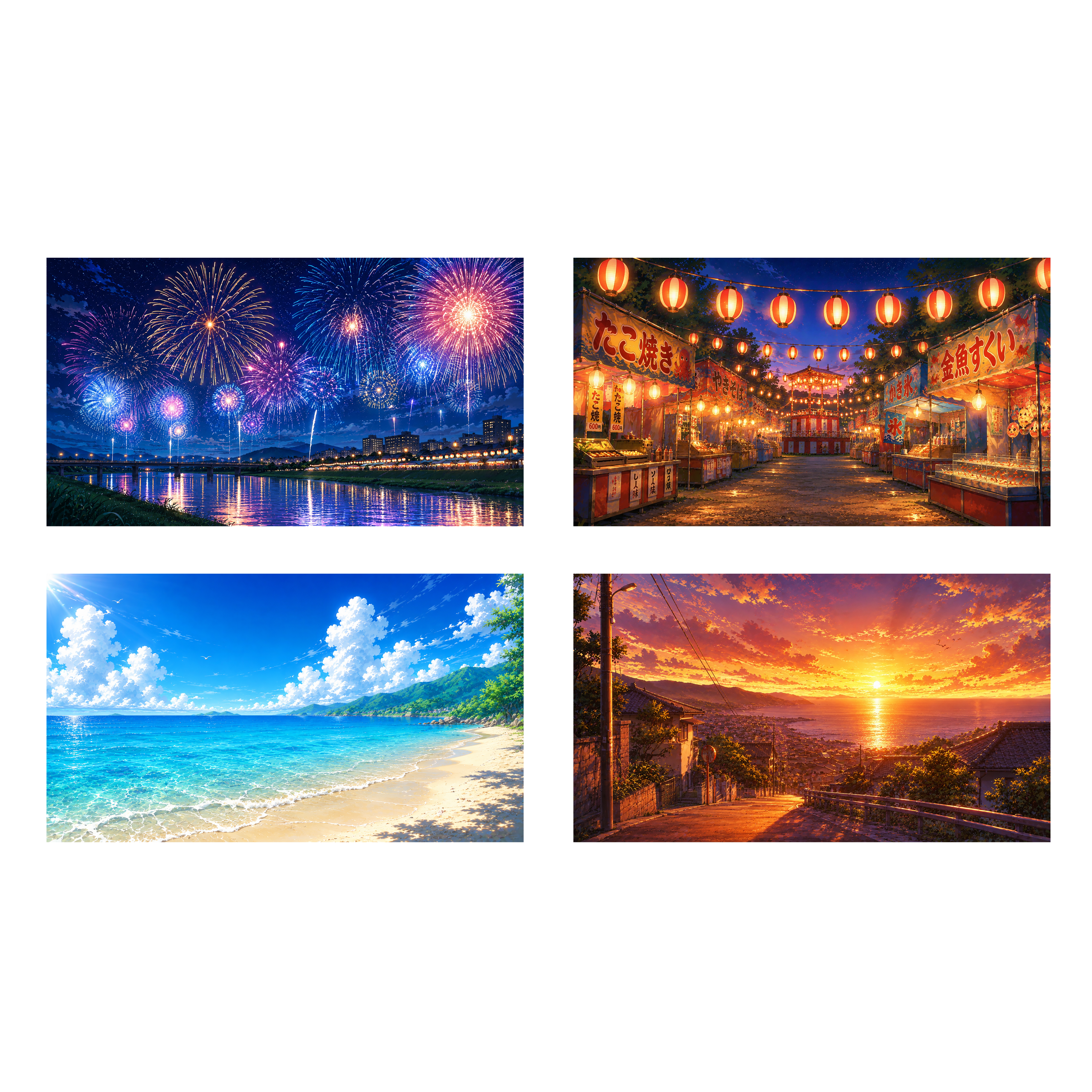 夏のイベント背景イラスト4点セット【無料】フリー素材92406に写真・文字を入れる