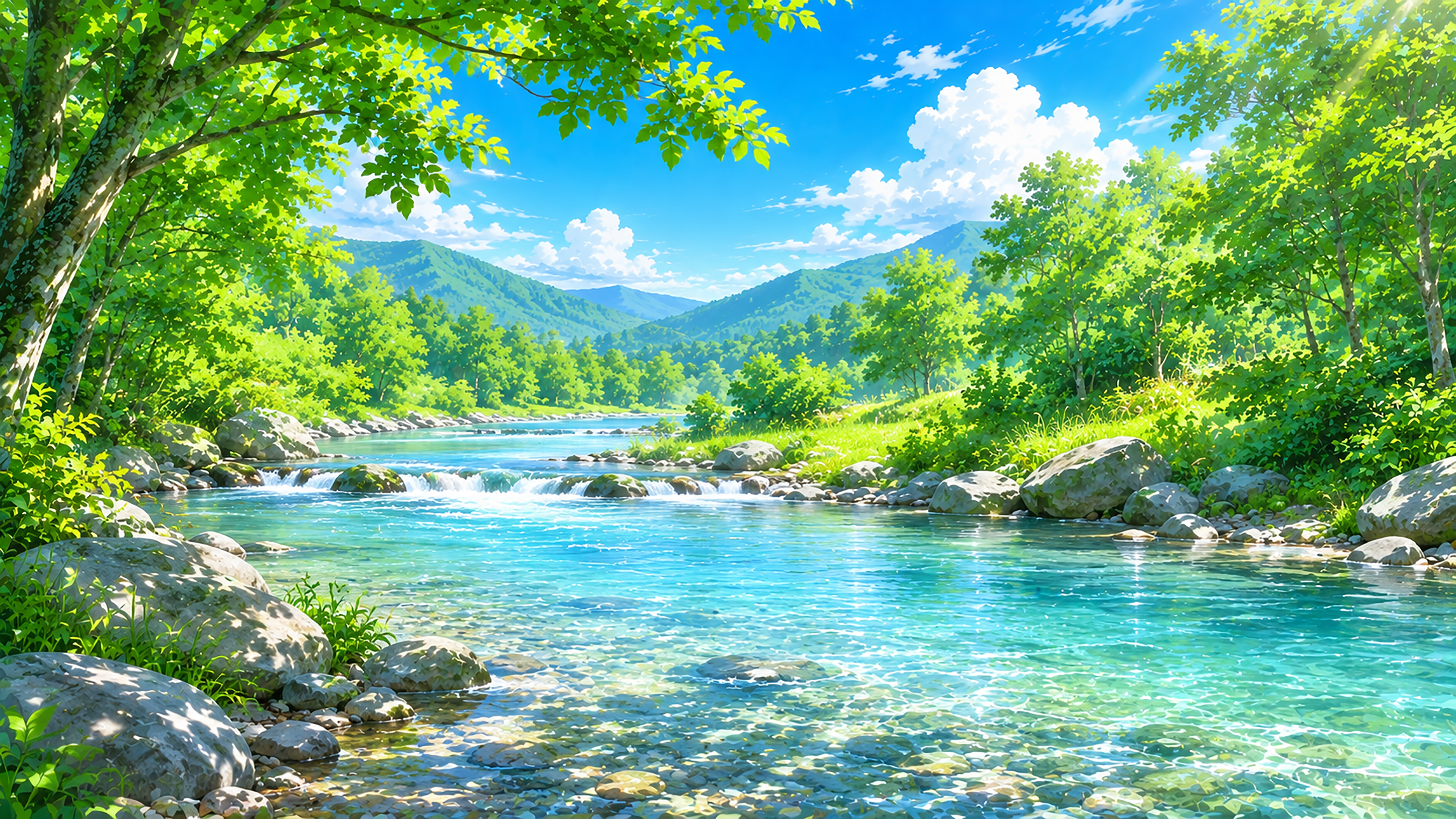 清流と川辺背景イラスト【無料】フリー素材92410に写真・文字を入れる