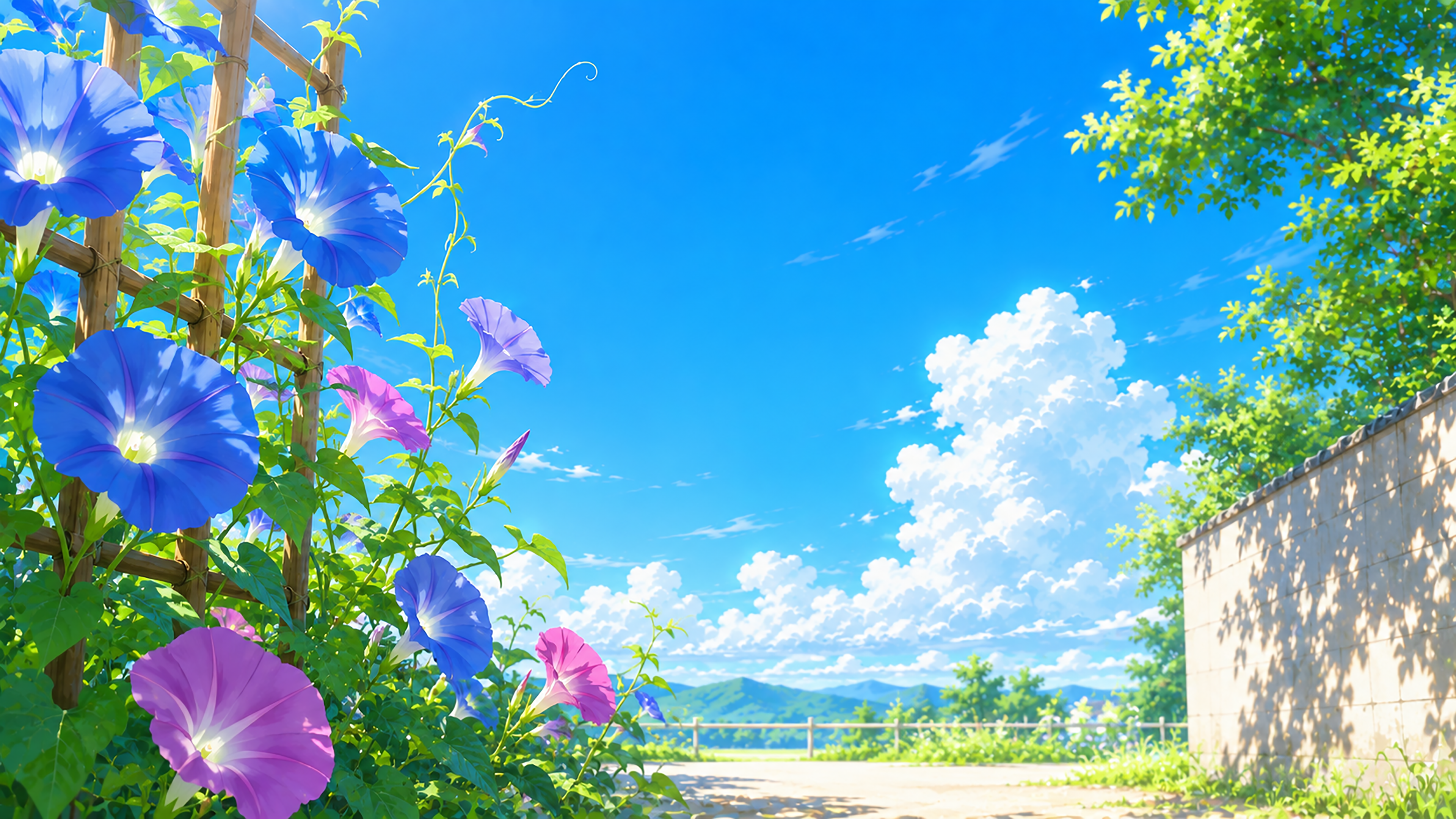 朝顔と夏背景イラスト【無料】フリー素材92412に写真・文字を入れる