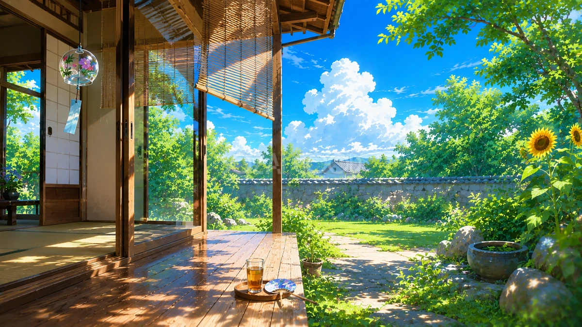 縁側と夏の日差し背景イラスト【無料】フリー素材92413