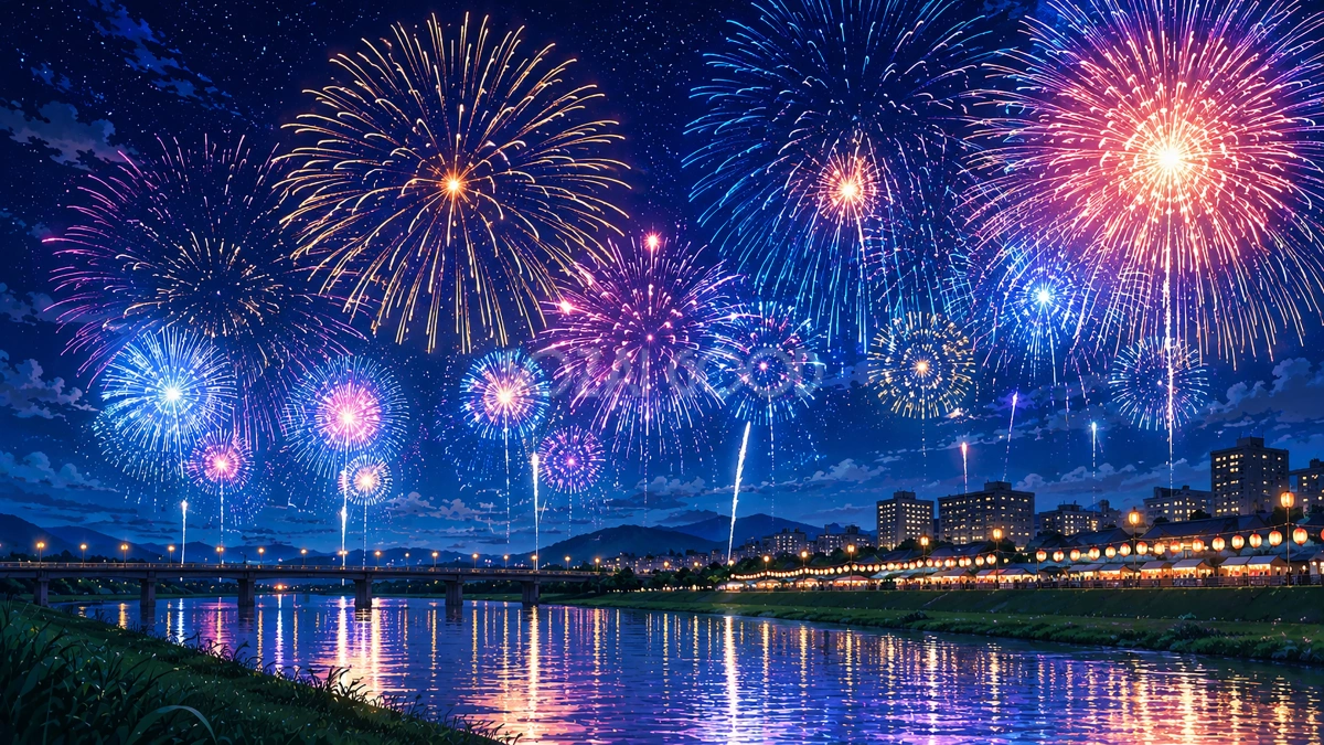 花火大会の夜空背景イラスト【無料】フリー素材92415