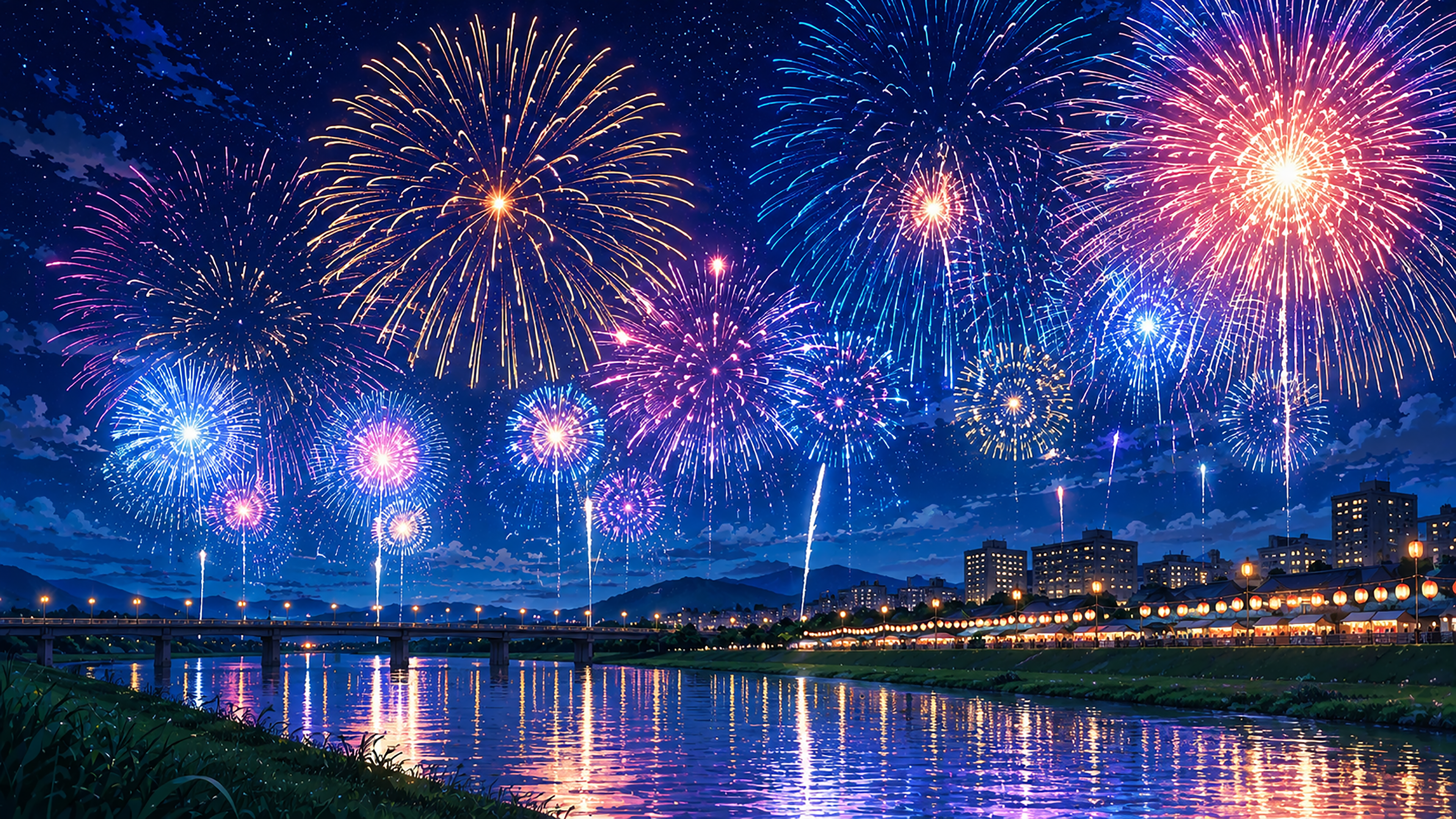 花火大会の夜空背景イラスト【無料】フリー素材92415に写真・文字を入れる