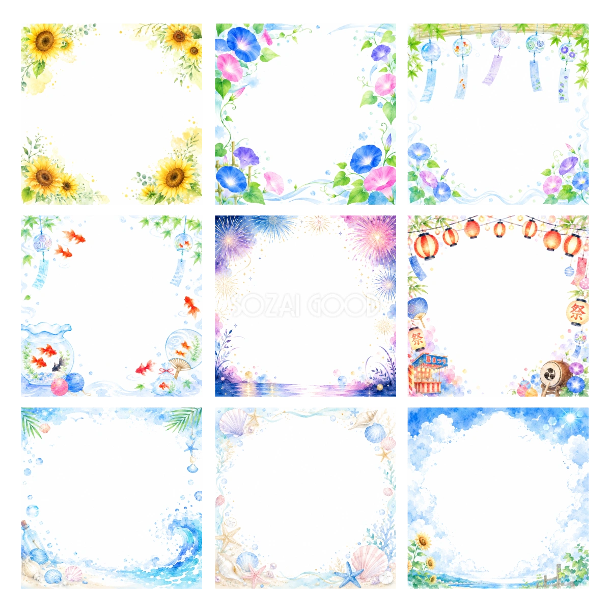 夏フレームイラスト【無料PNG】ひまわり・朝顔・風鈴・花火などフリー92419