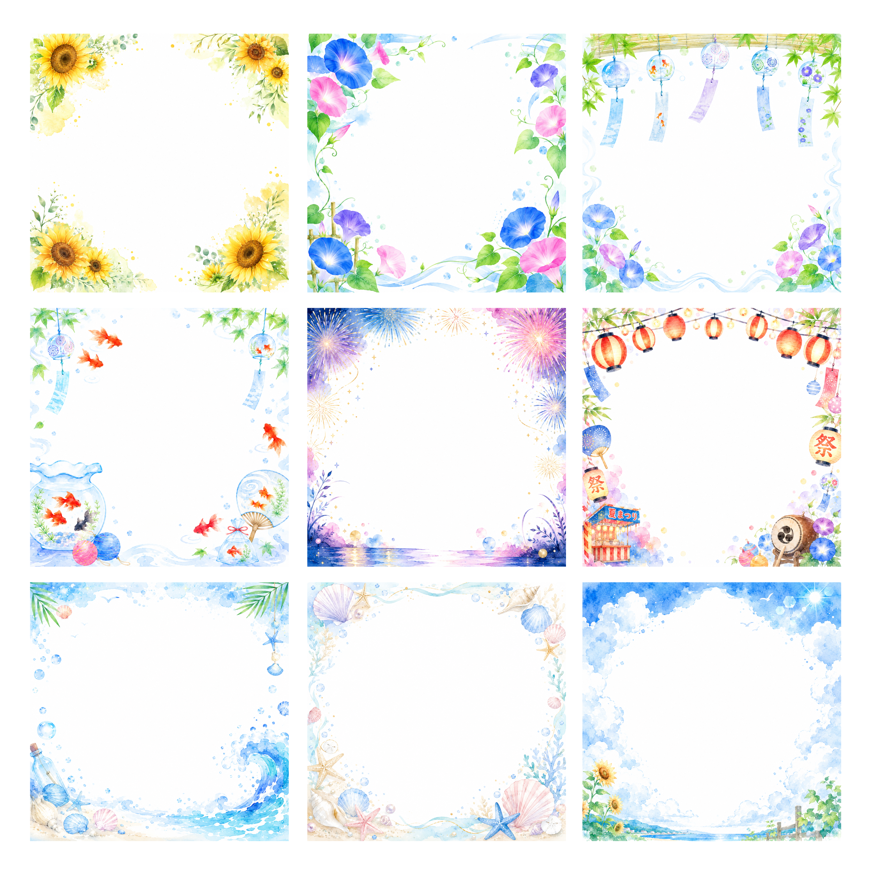 夏フレームイラスト【無料PNG】ひまわり・朝顔・風鈴・花火などフリー92419に写真・文字を入れる
