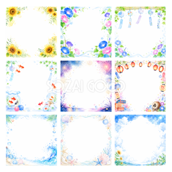 夏フレームイラスト【無料PNG】ひまわり・朝顔・風鈴・花火などフリー92419