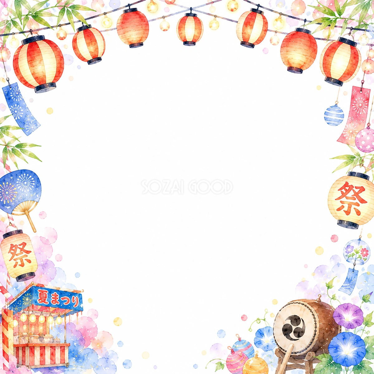 提灯フレームイラスト【無料PNG】夏祭りのおしゃれな枠素材フリー92425