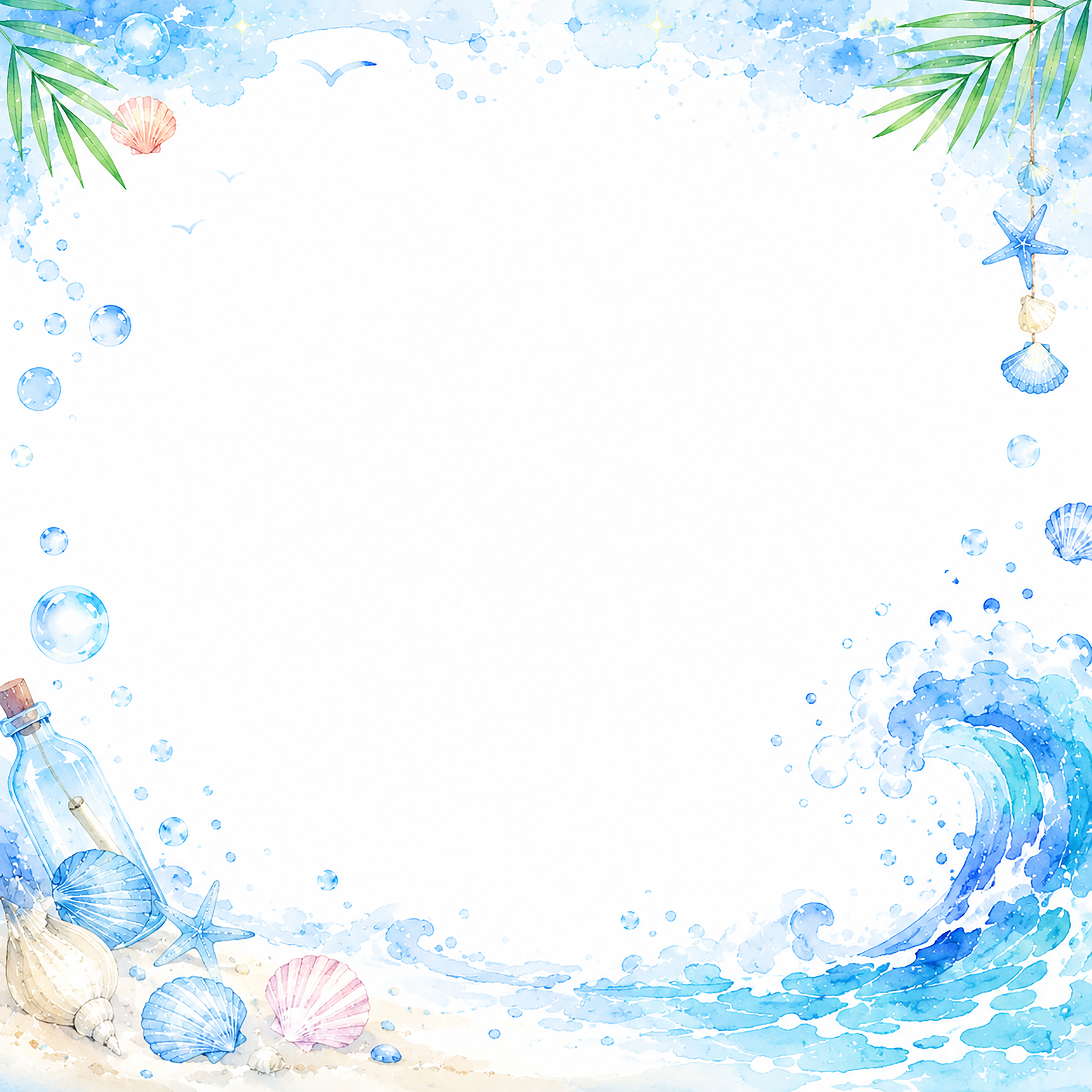 海フレームイラスト【無料PNG】爽やかな夏の枠素材フリー92426に写真・文字を入れる