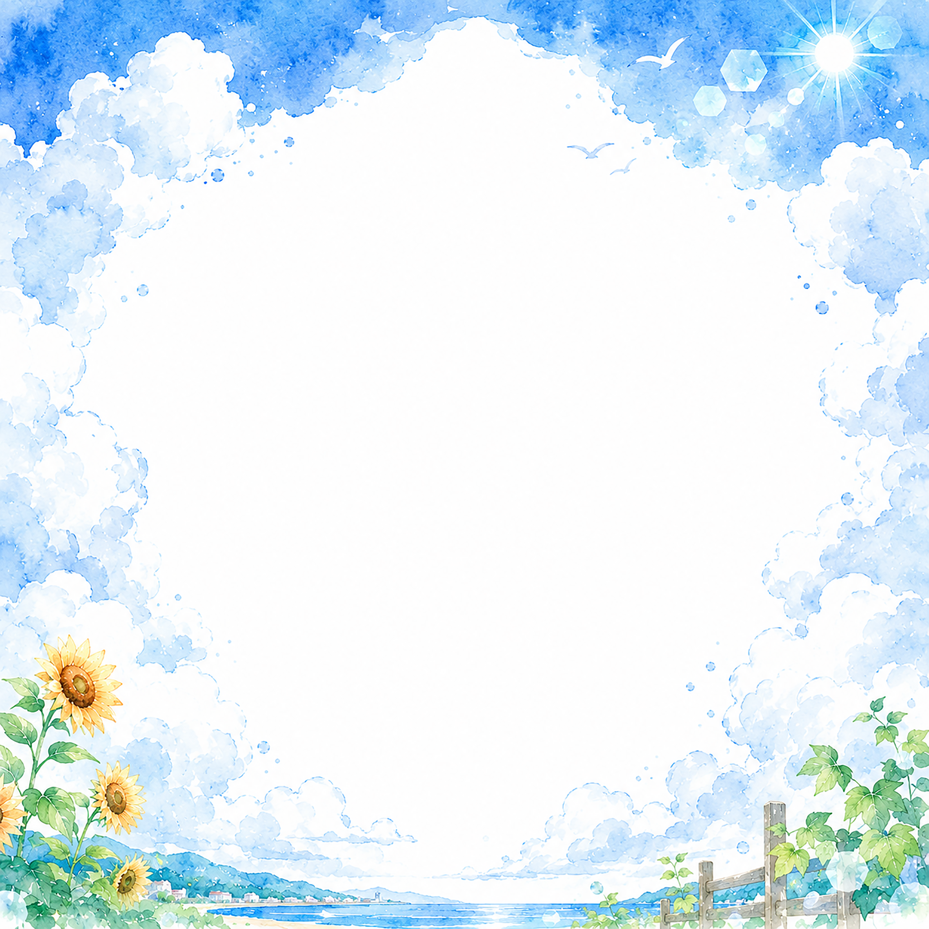 入道雲フレームイラスト【無料PNG】青空と夏空の枠素材フリー92428に写真・文字を入れる