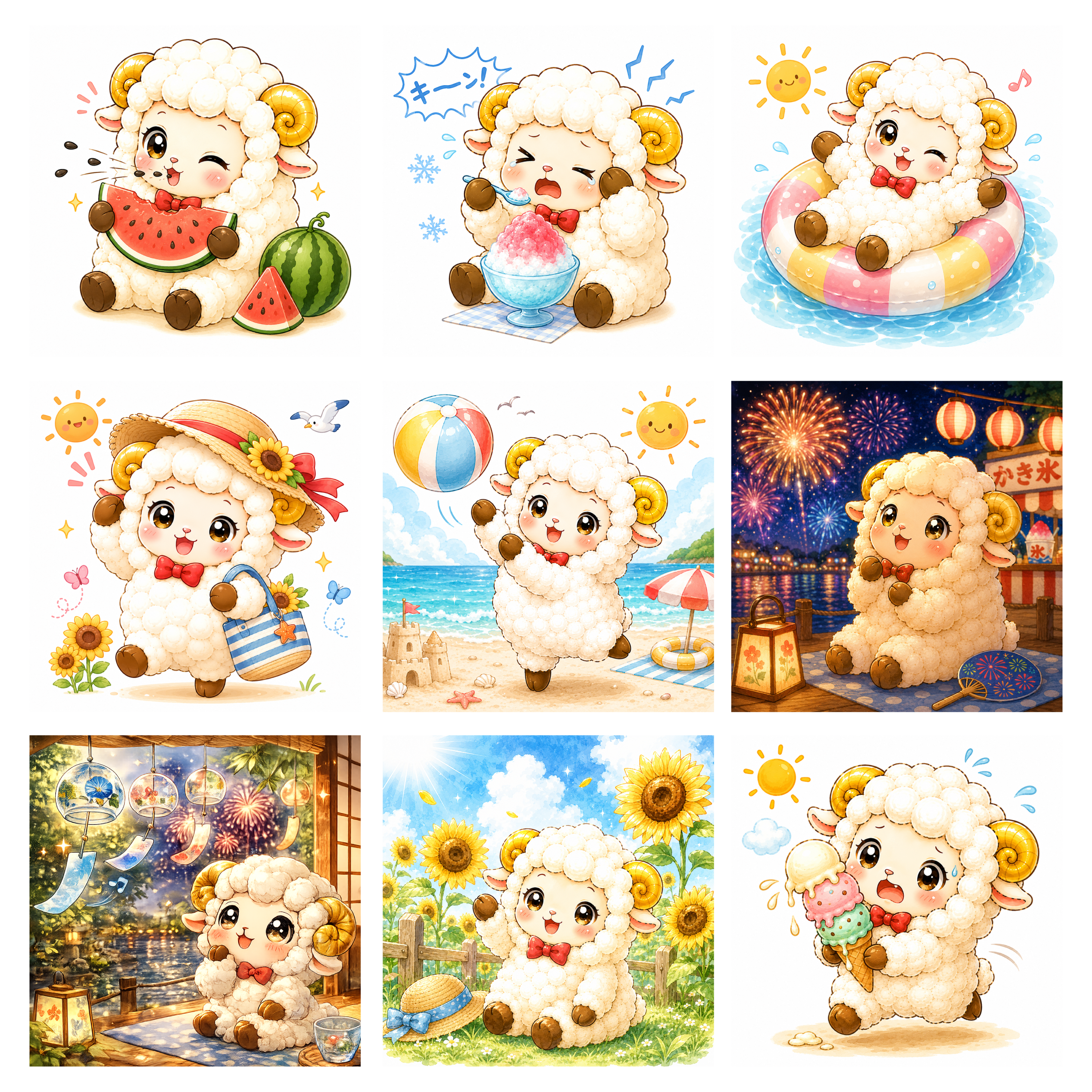夏を楽しむ羊のかわいいイラストセット【無料PNG素材】フリー92430に写真・文字を入れる