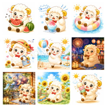 夏を楽しむ羊のかわいいイラストセット【無料PNG素材】フリー92430