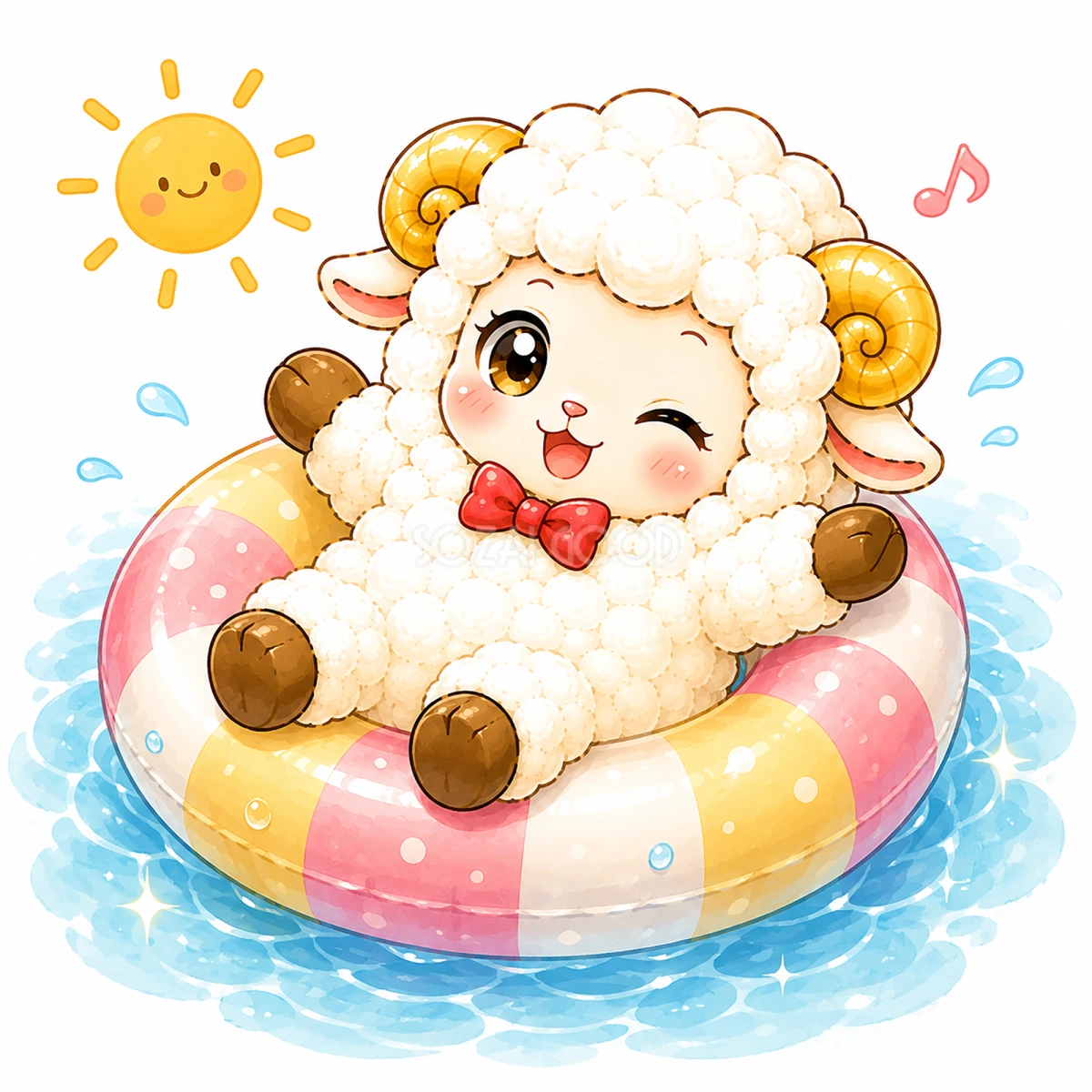浮き輪でぷかぷか浮かぶ羊のイラスト【無料PNG素材】フリー92433