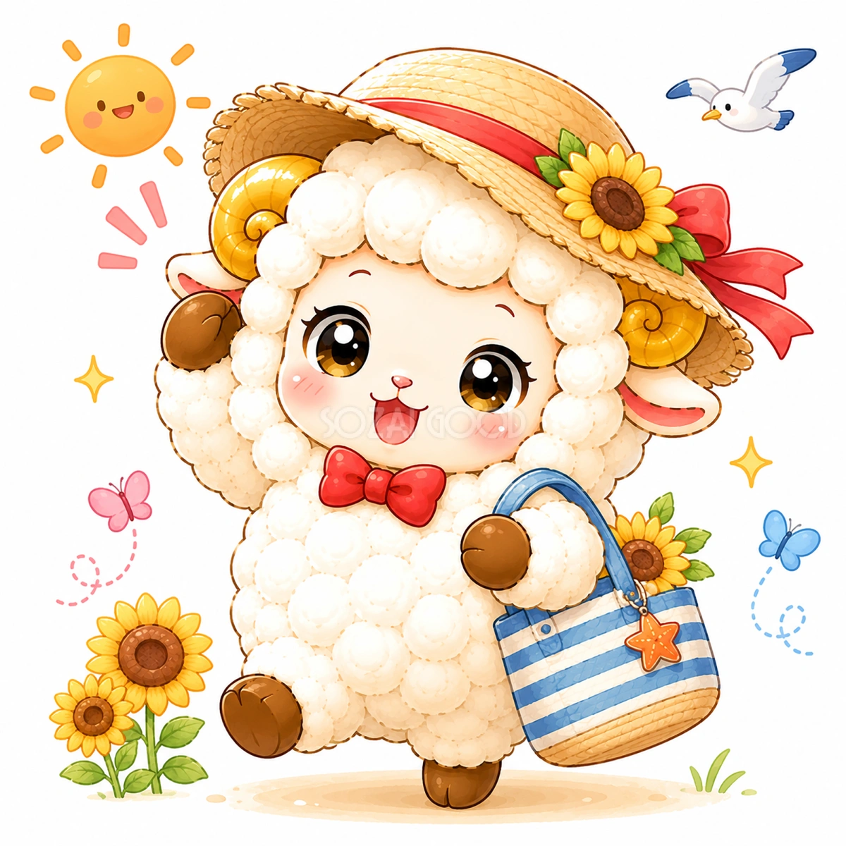 麦わら帽子をかぶる羊のかわいいイラスト【無料PNG素材】フリー92434
