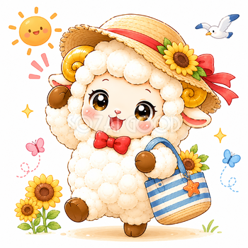 麦わら帽子をかぶる羊のかわいいイラスト【無料PNG素材】フリー92434