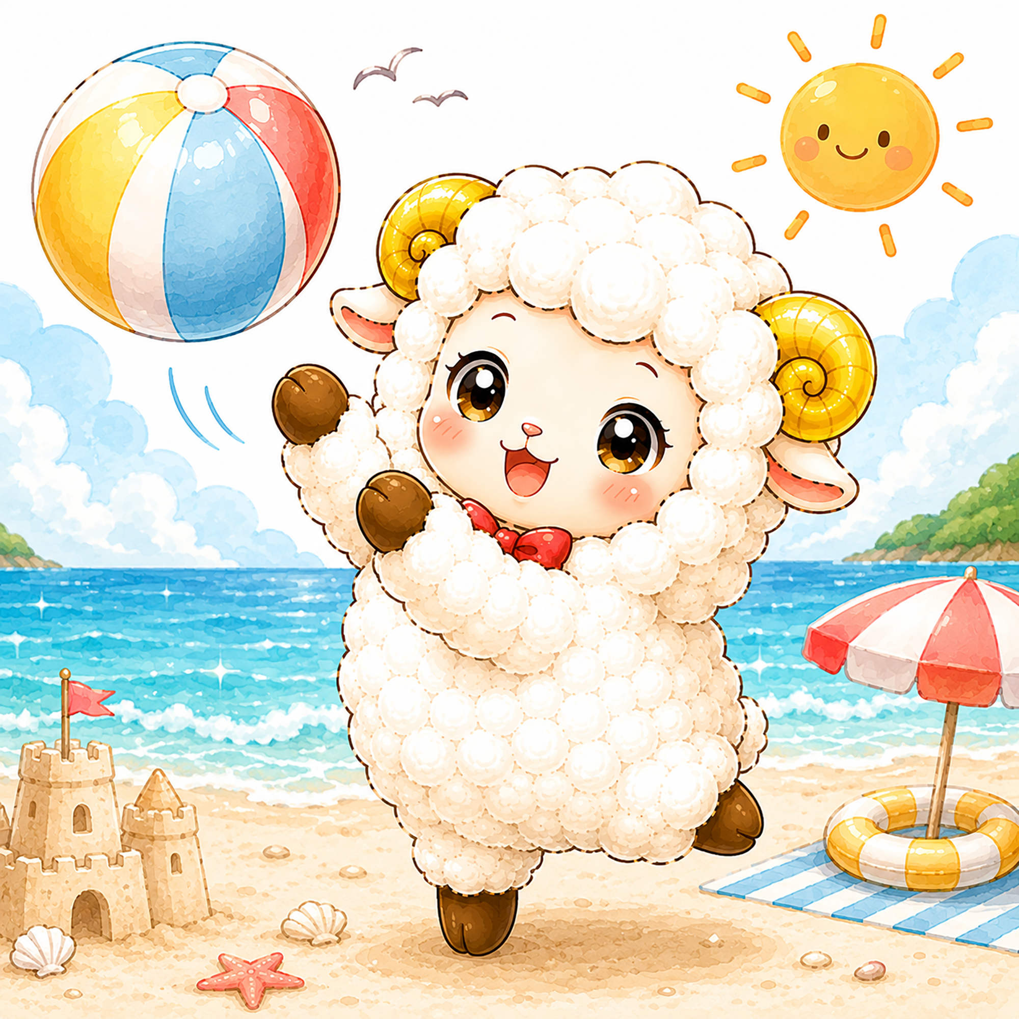 ビーチボールで遊ぶ羊のかわいいイラスト【無料PNG素材】フリー92435に写真・文字を入れる
