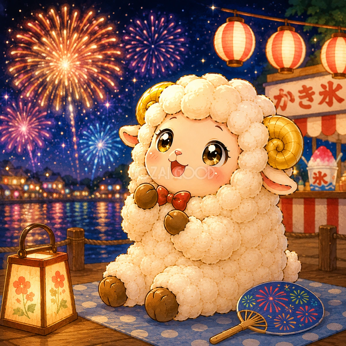 花火を楽しむ羊のかわいいイラスト【無料PNG素材】フリー92436