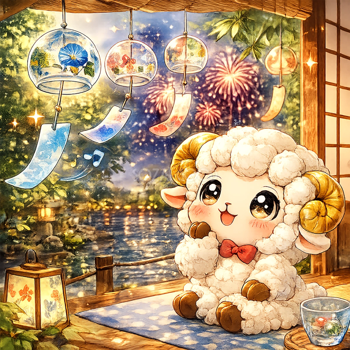 風鈴を眺める羊のかわいいイラスト【無料PNG素材】フリー92437