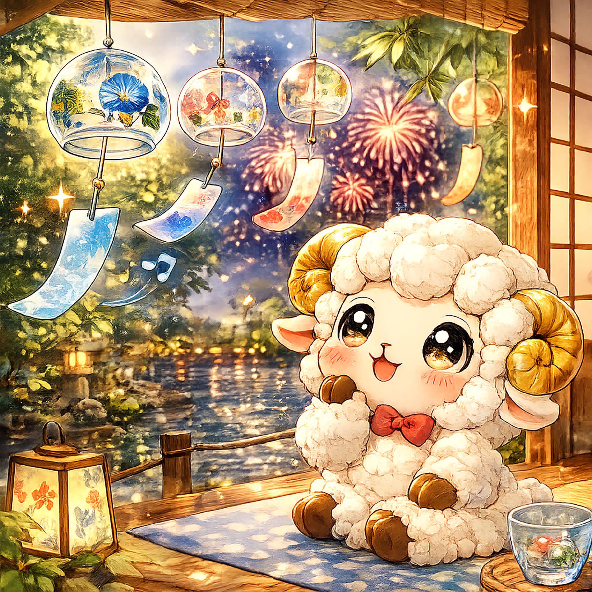 風鈴を眺める羊のかわいいイラスト【無料PNG素材】フリー92437に写真・文字を入れる