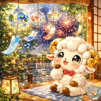 風鈴を眺める羊のかわいいイラスト【無料PNG素材】フリー92437