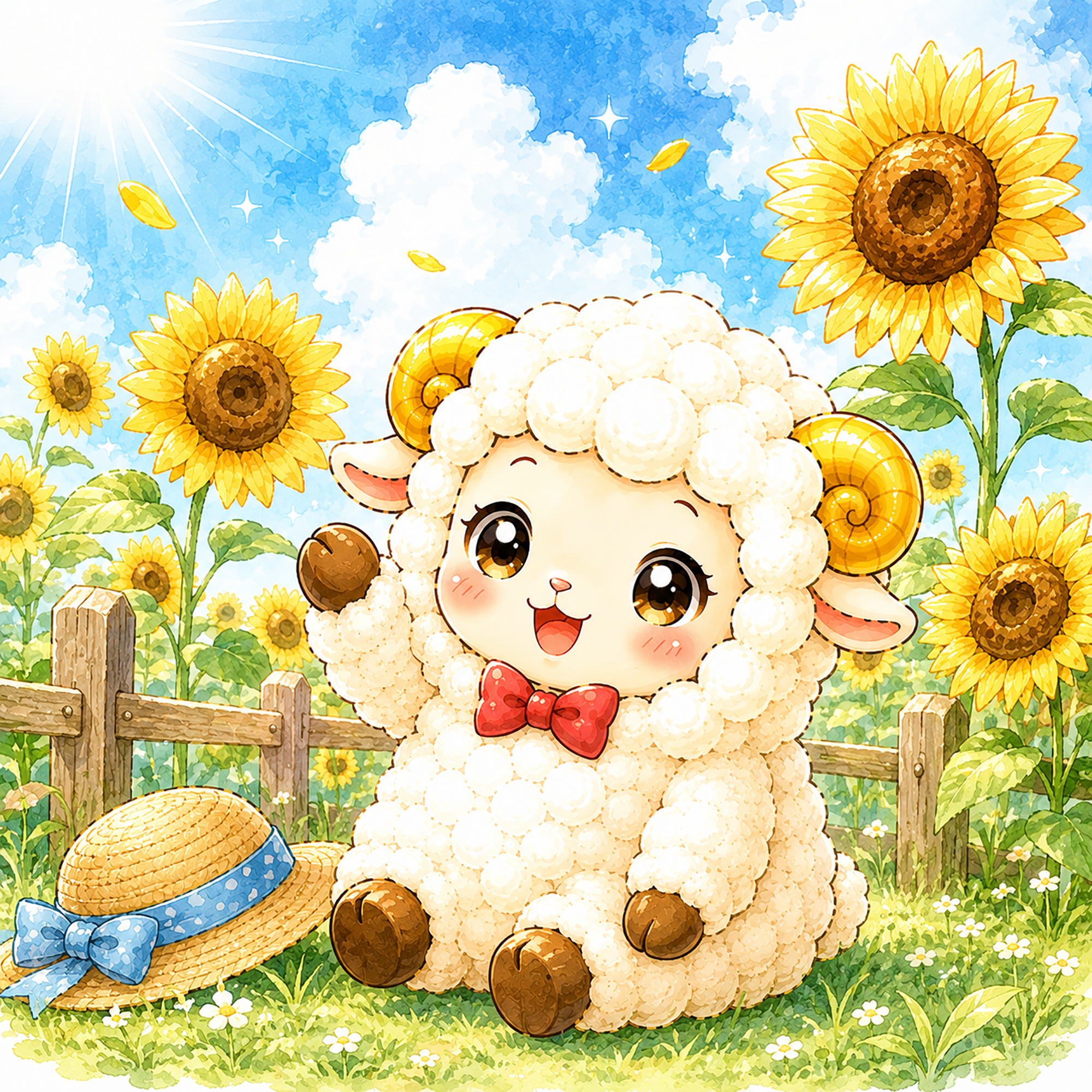 ひまわりと羊のかわいいイラスト【無料PNG素材】フリー92438に写真・文字を入れる