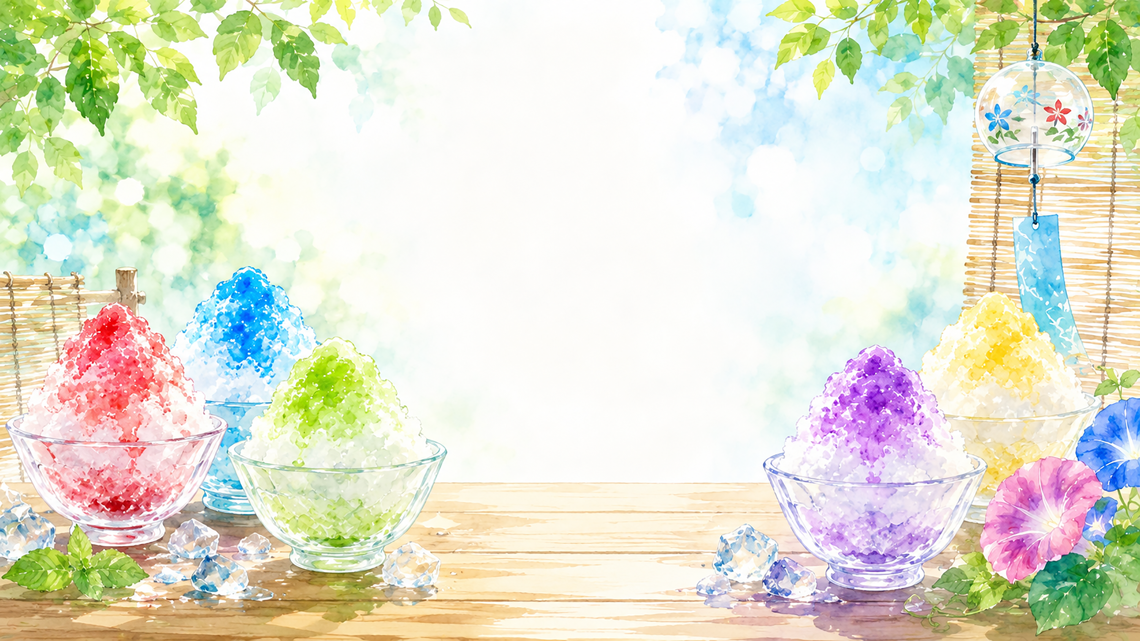 かき氷背景イラスト【無料】涼しげな夏背景素材（PNG）フリー92442に写真・文字を入れる