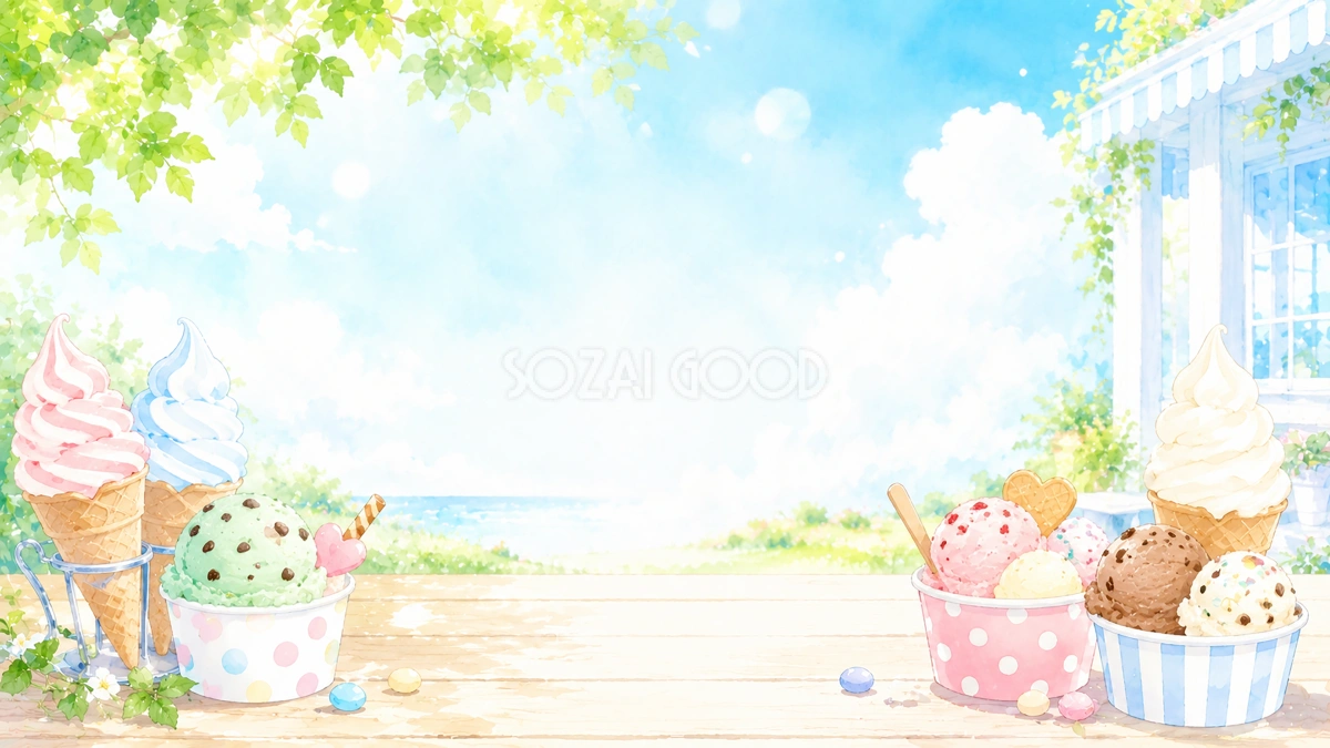 アイスクリーム背景イラスト【無料】夏のカフェ風背景素材(PNG)フリー92443