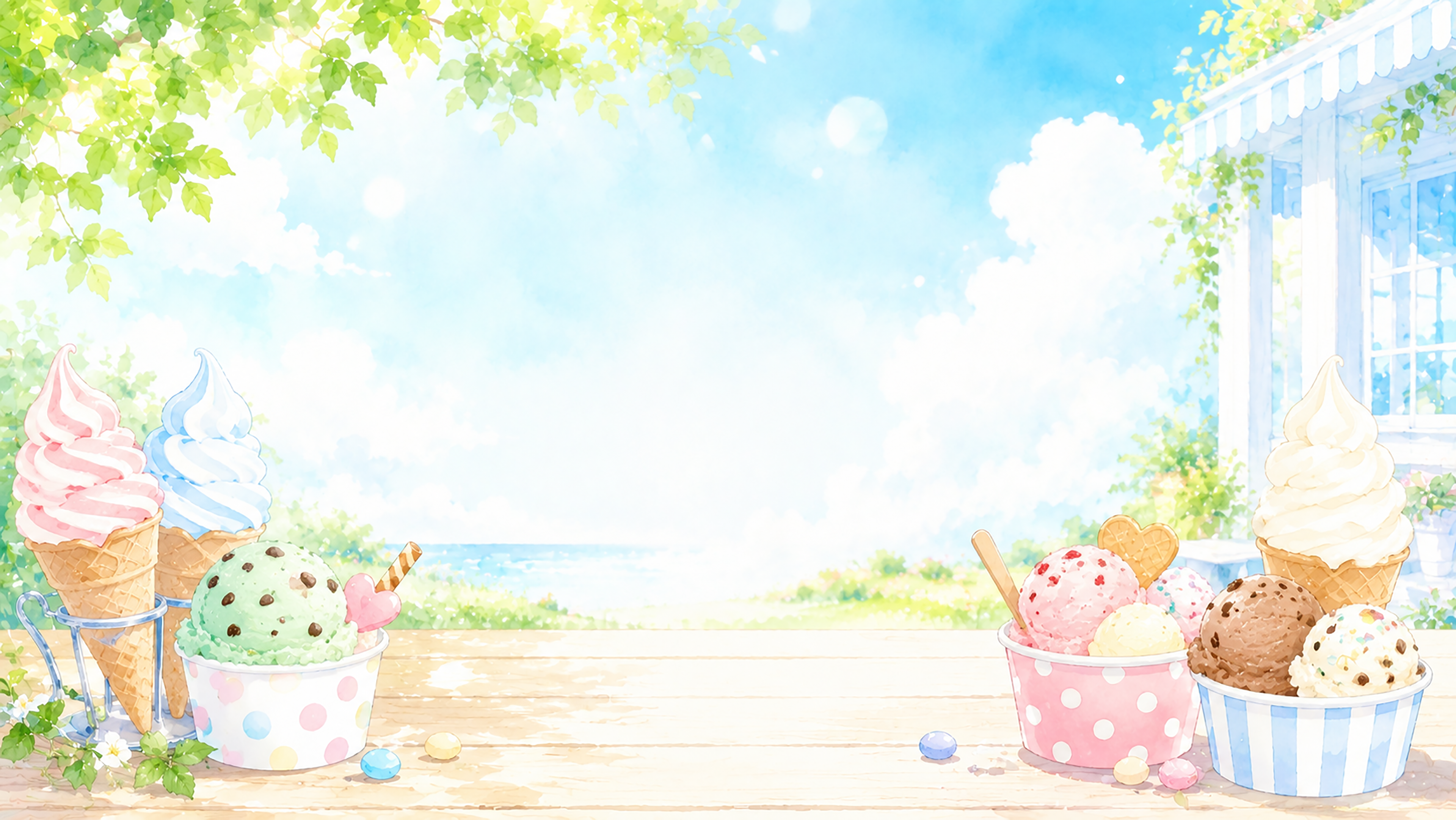 アイスクリーム背景イラスト【無料】夏のカフェ風背景素材（PNG）フリー92443に写真・文字を入れる