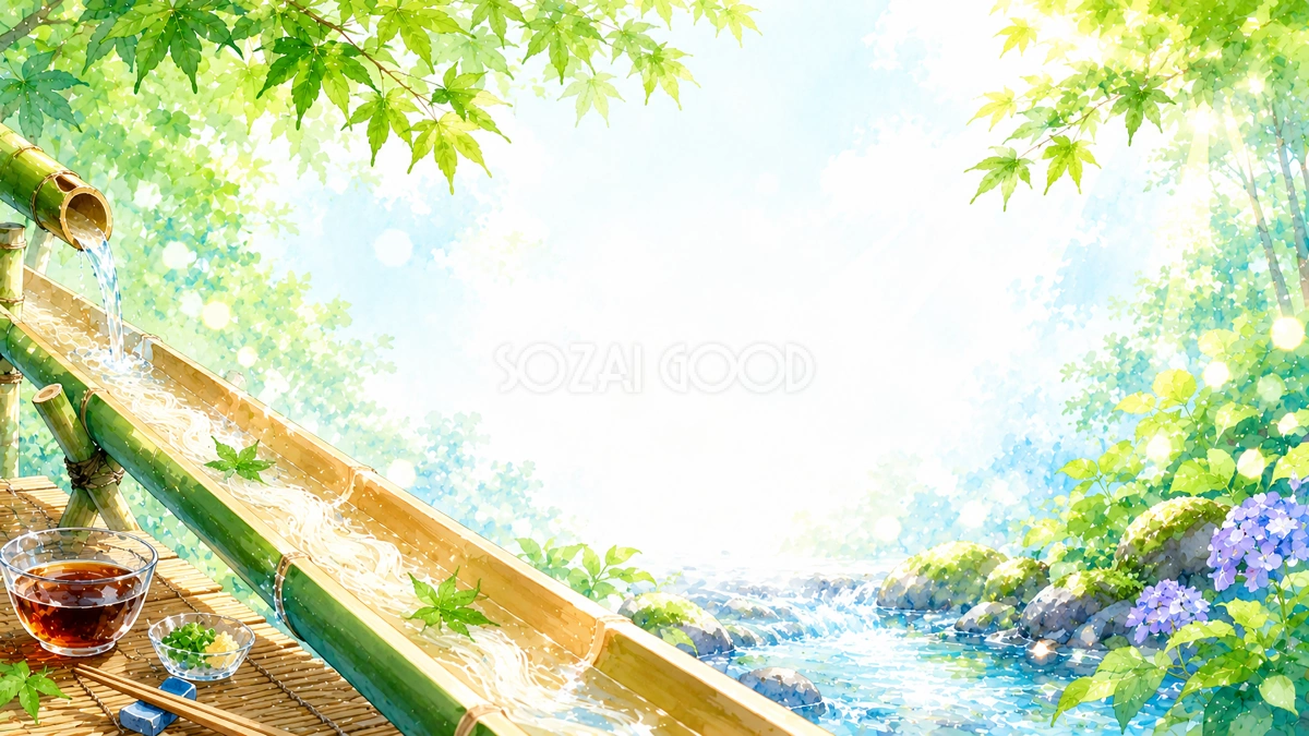 流しそうめん背景イラスト【無料】和風の夏背景素材(PNG)フリー92445