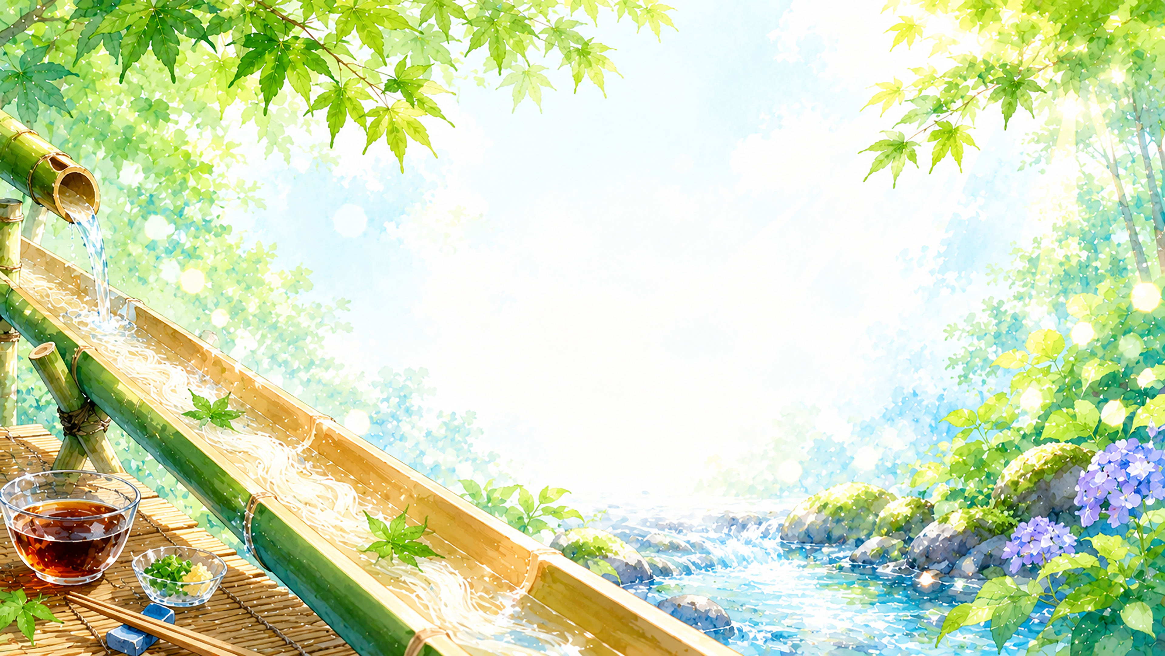 流しそうめん背景イラスト【無料】和風の夏背景素材（PNG）フリー92445に写真・文字を入れる