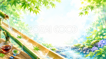 流しそうめん背景イラスト【無料】和風の夏背景素材（PNG）フリー92445